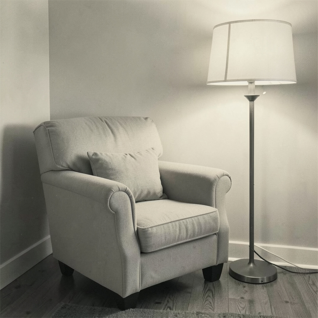 A duotone photograph in muted charcoal and cream tones showing a comfortable reading nook with an armchair beside a floor lamp, conveying solitude and calm.